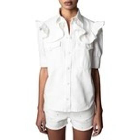 Zadig & Voltaire NWOT Toky Ruffle Cotton Denim Shirt in Judo‎ Jacket XSmall $298 - Picture 1 of 6